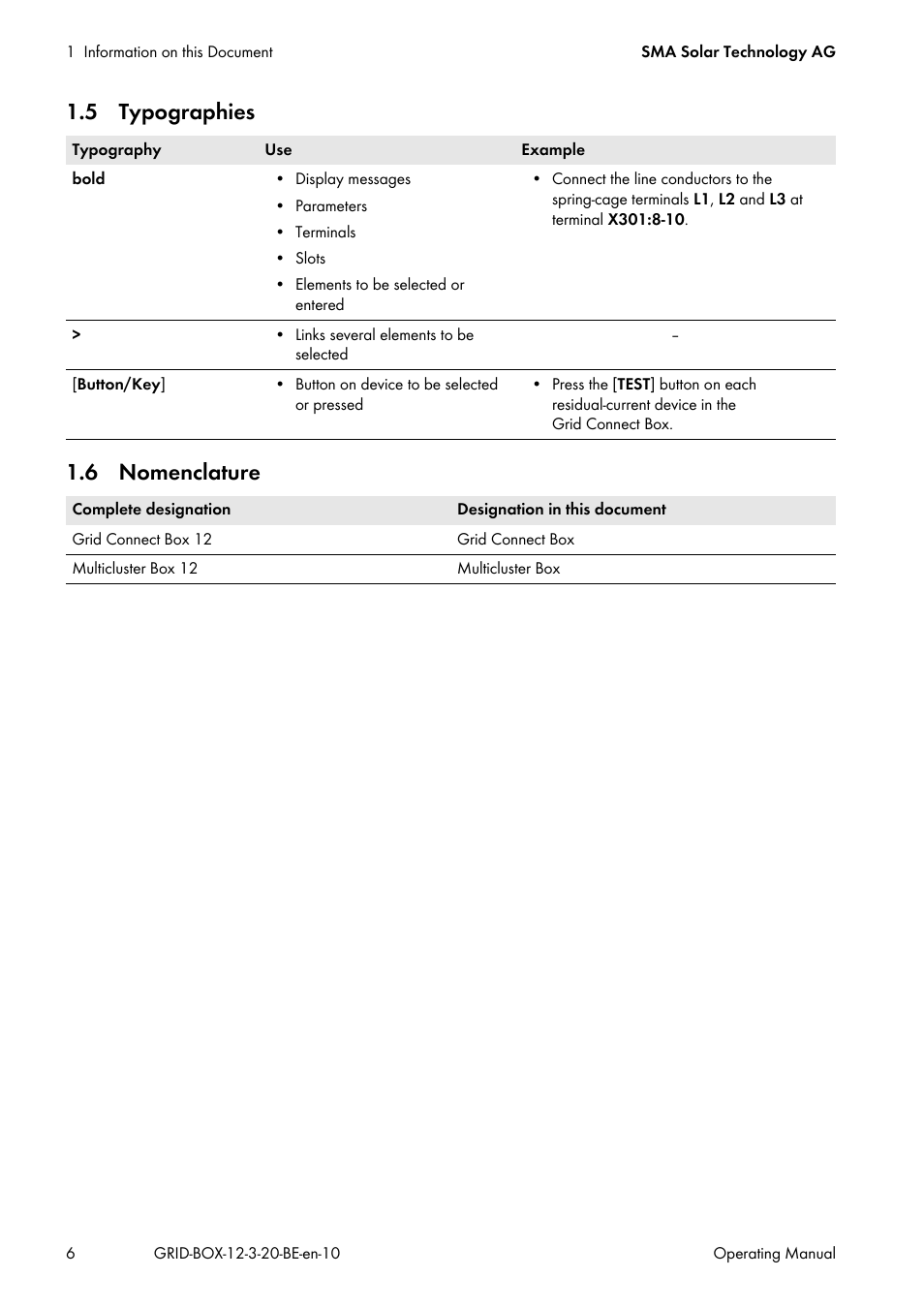 5 typographies, 6 nomenclature, 5 typographies 1.6 nomenclature | SMA GRID CONNECT BOX 12 User Manual | Page 6 / 40