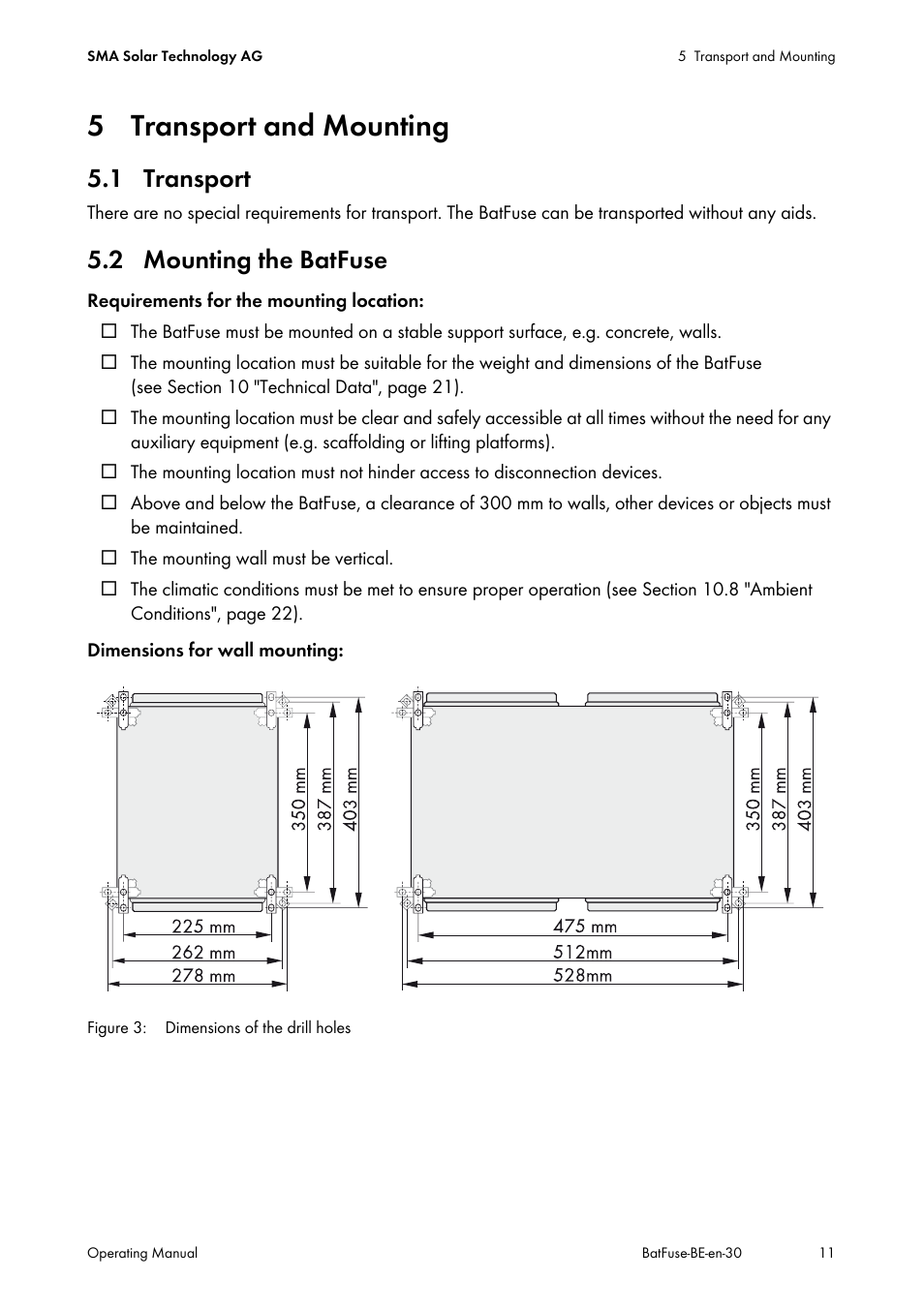 5 transport and mounting, 1 transport, 2 mounting the batfuse | 1 transport 5.2 mounting the batfuse | SMA BATFUSE-B.01 User Manual | Page 11 / 28