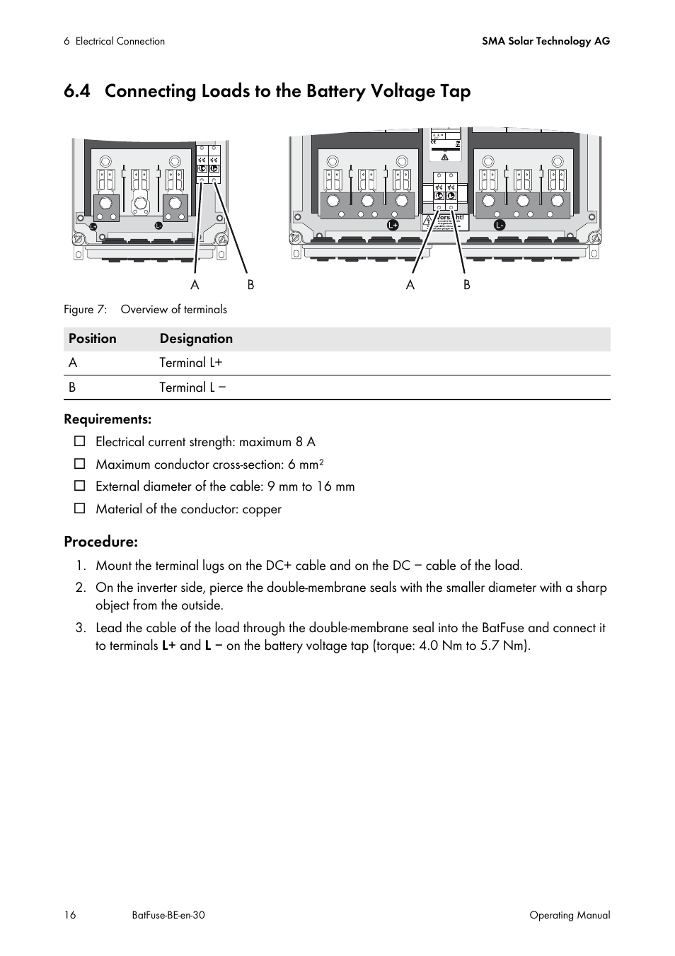 4 connecting loads to the battery voltage tap | SMA BATFUSE-B.01 User Manual | Page 16 / 28