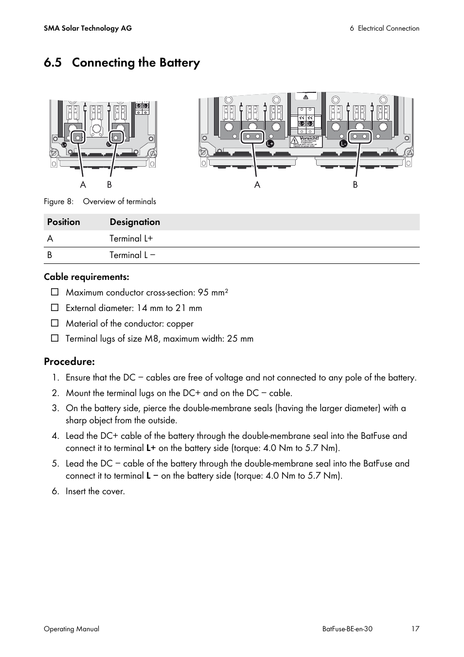 5 connecting the battery | SMA BATFUSE-B.01 User Manual | Page 17 / 28