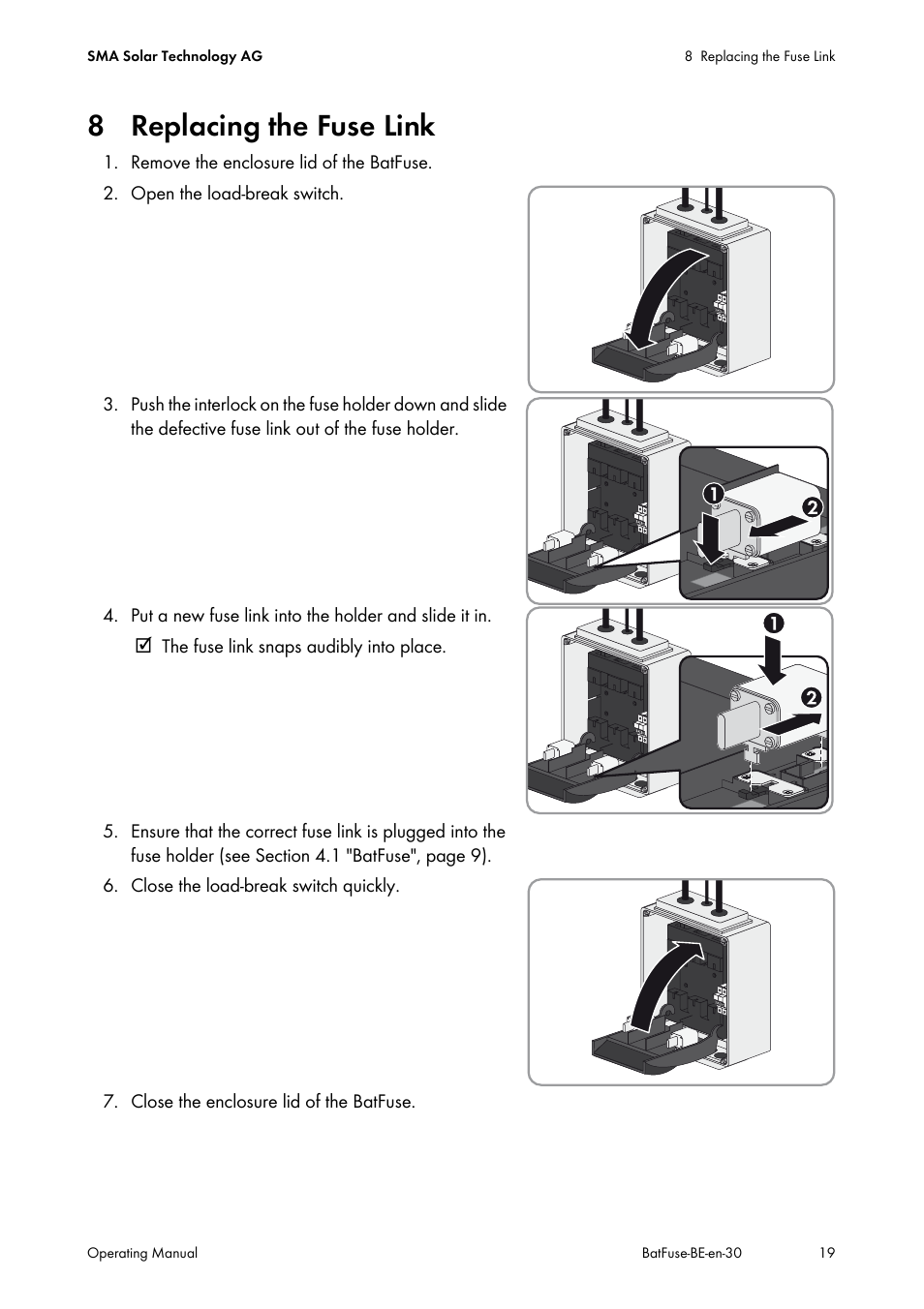 8 replacing the fuse link | SMA BATFUSE-B.01 User Manual | Page 19 / 28