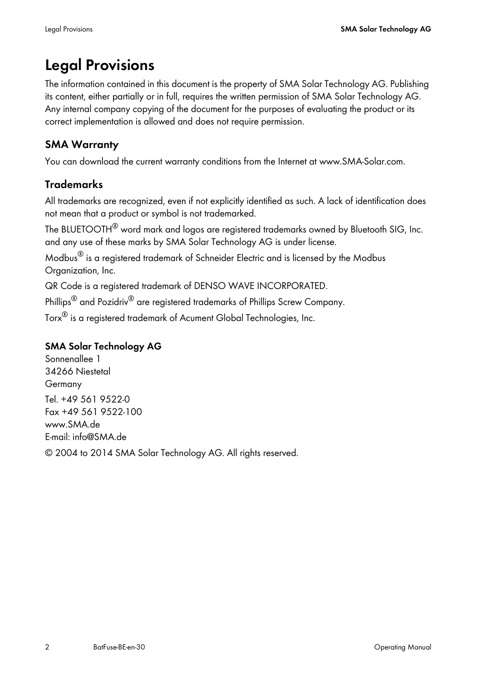 Legal provisions | SMA BATFUSE-B.01 User Manual | Page 2 / 28