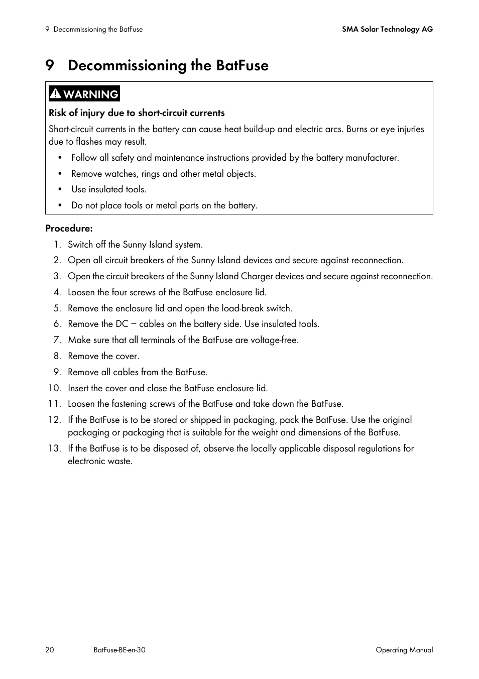9 decommissioning the batfuse | SMA BATFUSE-B.01 User Manual | Page 20 / 28