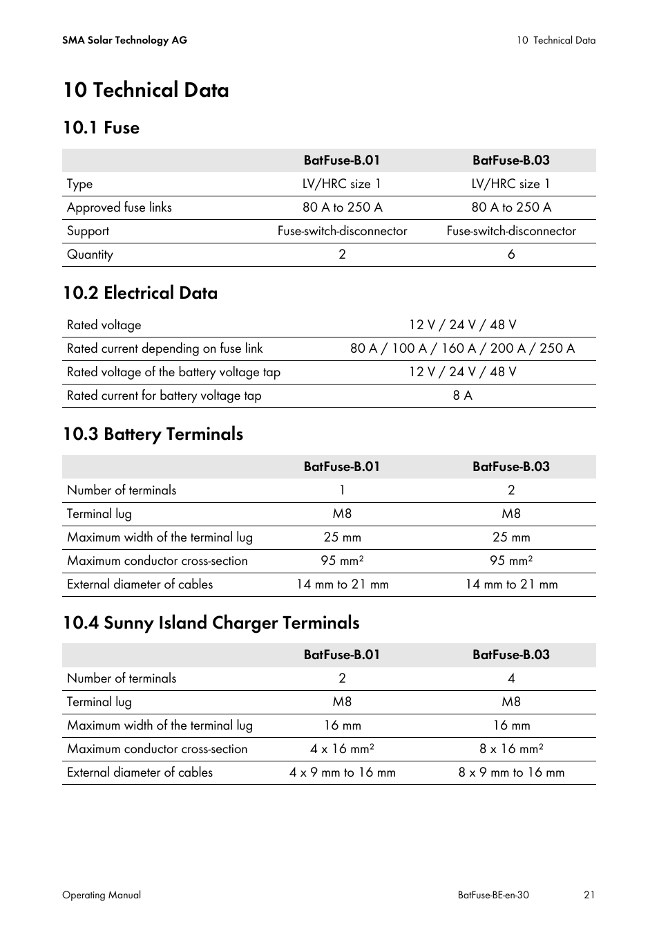 10 technical data, 1 fuse, 2 electrical data | 3 battery terminals, 4 sunny island charger terminals, 1 fuse 10.2 electrical data | SMA BATFUSE-B.01 User Manual | Page 21 / 28