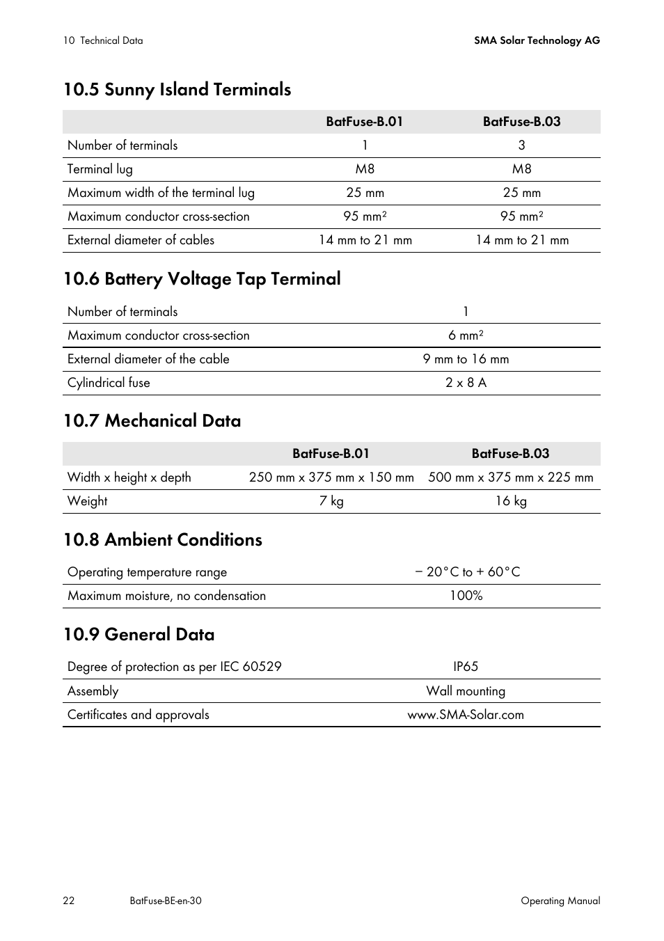 5 sunny island terminals, 6 battery voltage tap terminal, 7 mechanical data | 8 ambient conditions, 9 general data | SMA BATFUSE-B.01 User Manual | Page 22 / 28