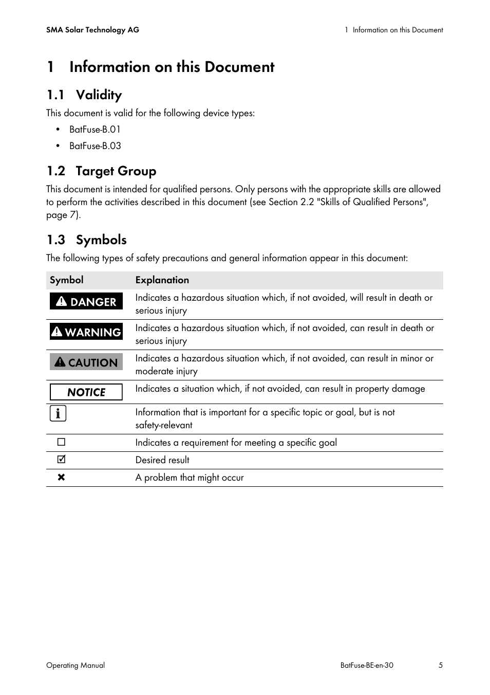 1 information on this document, 1 validity, 2 target group | 3 symbols, 1 validity 1.2 target group 1.3 symbols | SMA BATFUSE-B.01 User Manual | Page 5 / 28