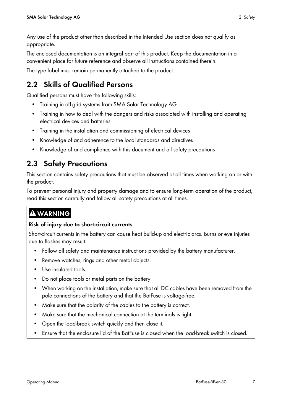 2 skills of qualified persons, 3 safety precautions | SMA BATFUSE-B.01 User Manual | Page 7 / 28