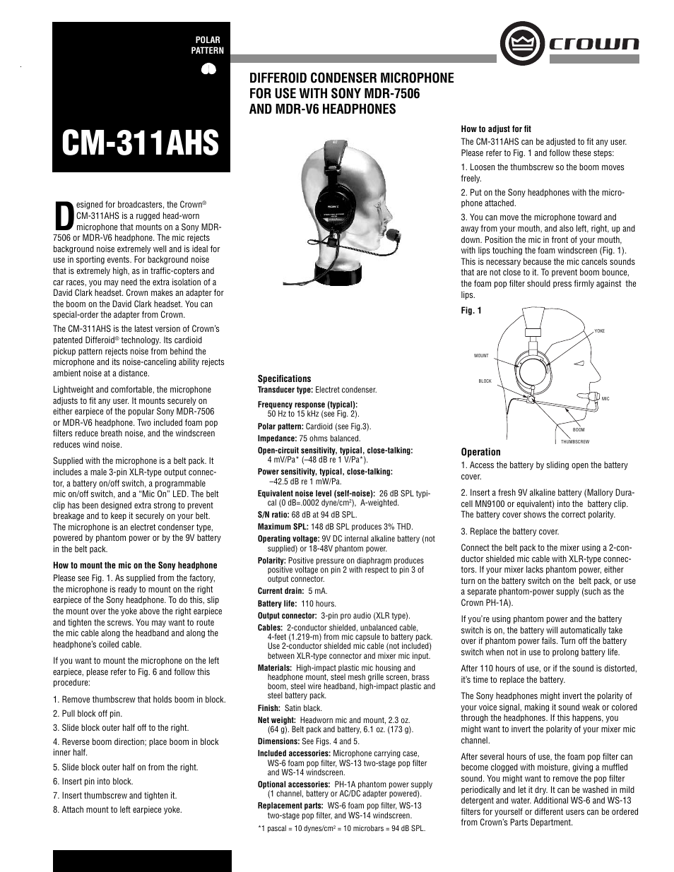 Crown Audio CM-311AHS User Manual | 2 pages