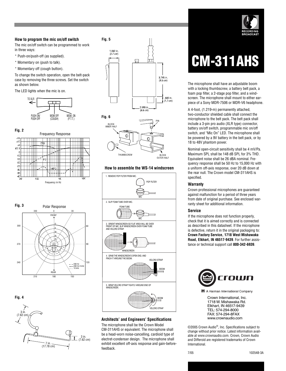Cm-311ahs, How to program the mic on/off switch, Warranty | Service, Architects’ and engineers’ specifi cations, How to assemble the ws-14 windscreen | Crown Audio CM-311AHS User Manual | Page 2 / 2