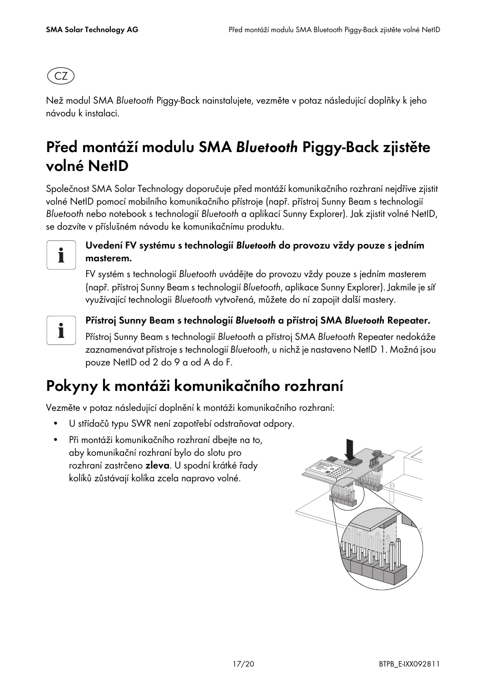 Pokyny k montáži komunikačního rozhraní | SMA BLUETOOTH PIGGY-BACK User Manual | Page 17 / 20