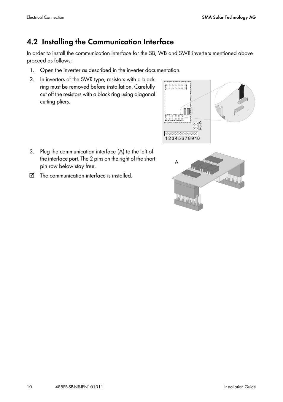 2 installing the communication interface, Installing the communication interface | SMA 485PB-NR User Manual | Page 10 / 20