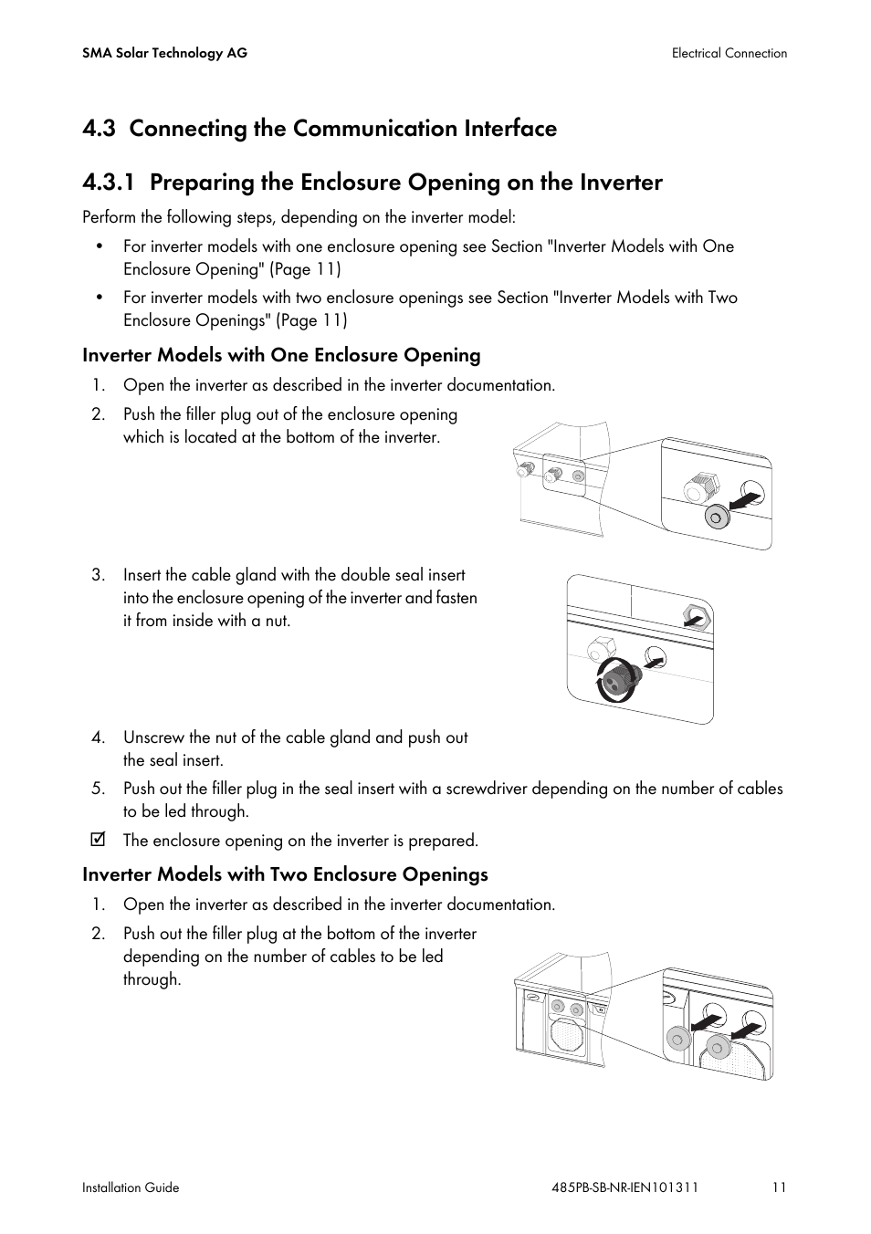 3 connecting the communication interface, 1 preparing the enclosure opening on the inverter, Connecting the communication interface | Preparing the enclosure opening on the inverter | SMA 485PB-NR User Manual | Page 11 / 20