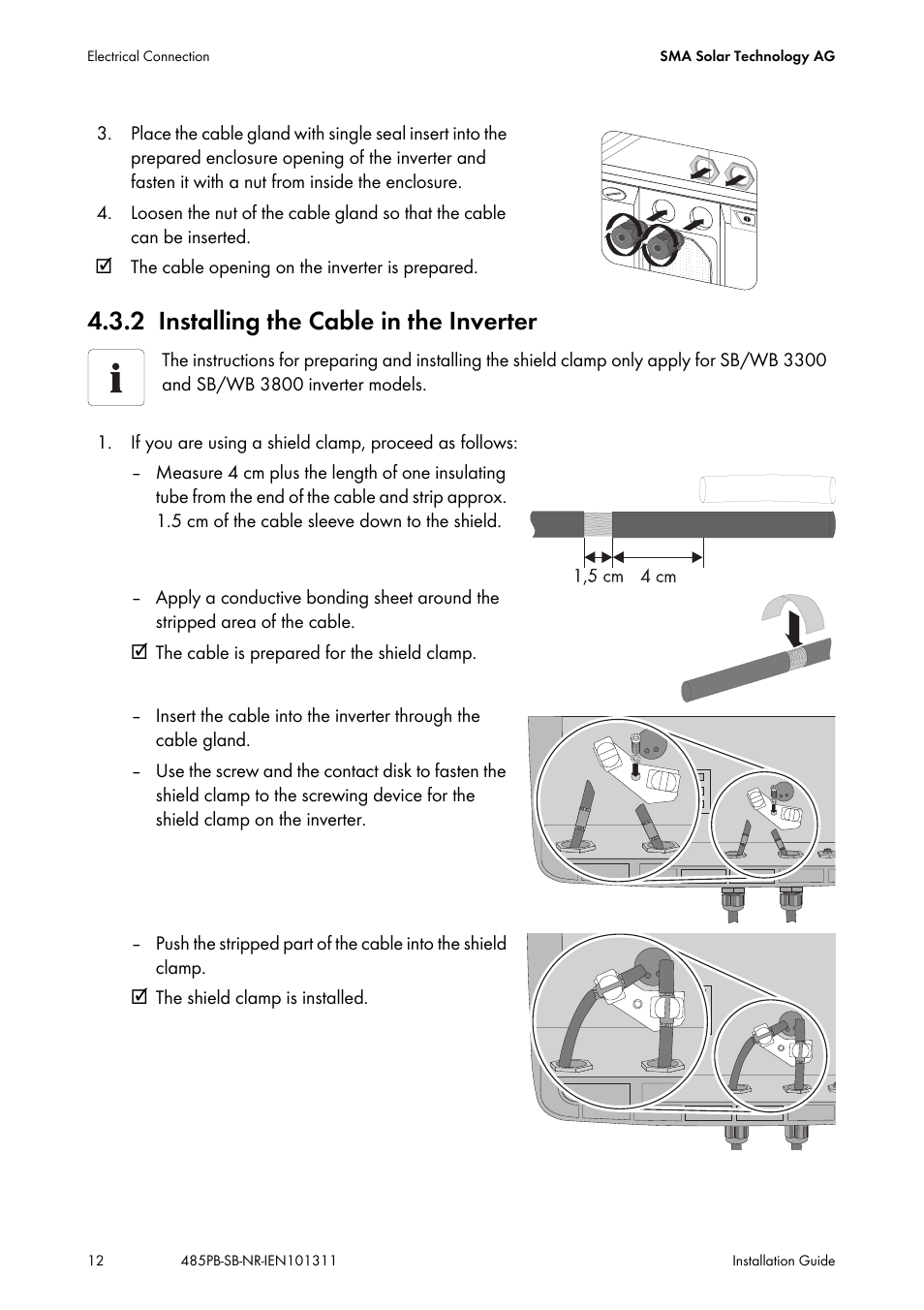 2 installing the cable in the inverter, Installing the cable in the inverter | SMA 485PB-NR User Manual | Page 12 / 20