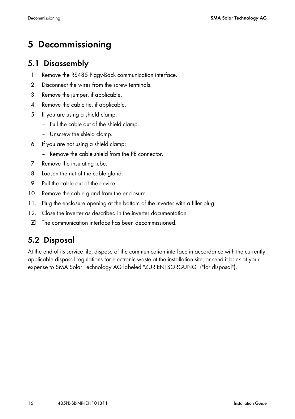 5 decommissioning, 1 disassembly, 2 disposal | Decommissioning, Disassembly, Disposal | SMA 485PB-NR User Manual | Page 16 / 20