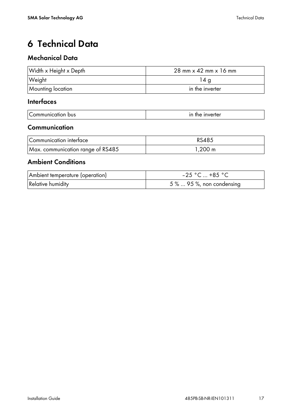 6 technical data, Technical data | SMA 485PB-NR User Manual | Page 17 / 20
