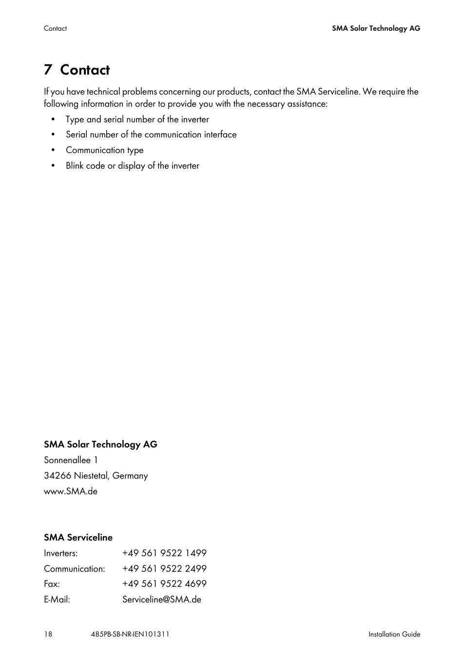 7 contact, Contact | SMA 485PB-NR User Manual | Page 18 / 20