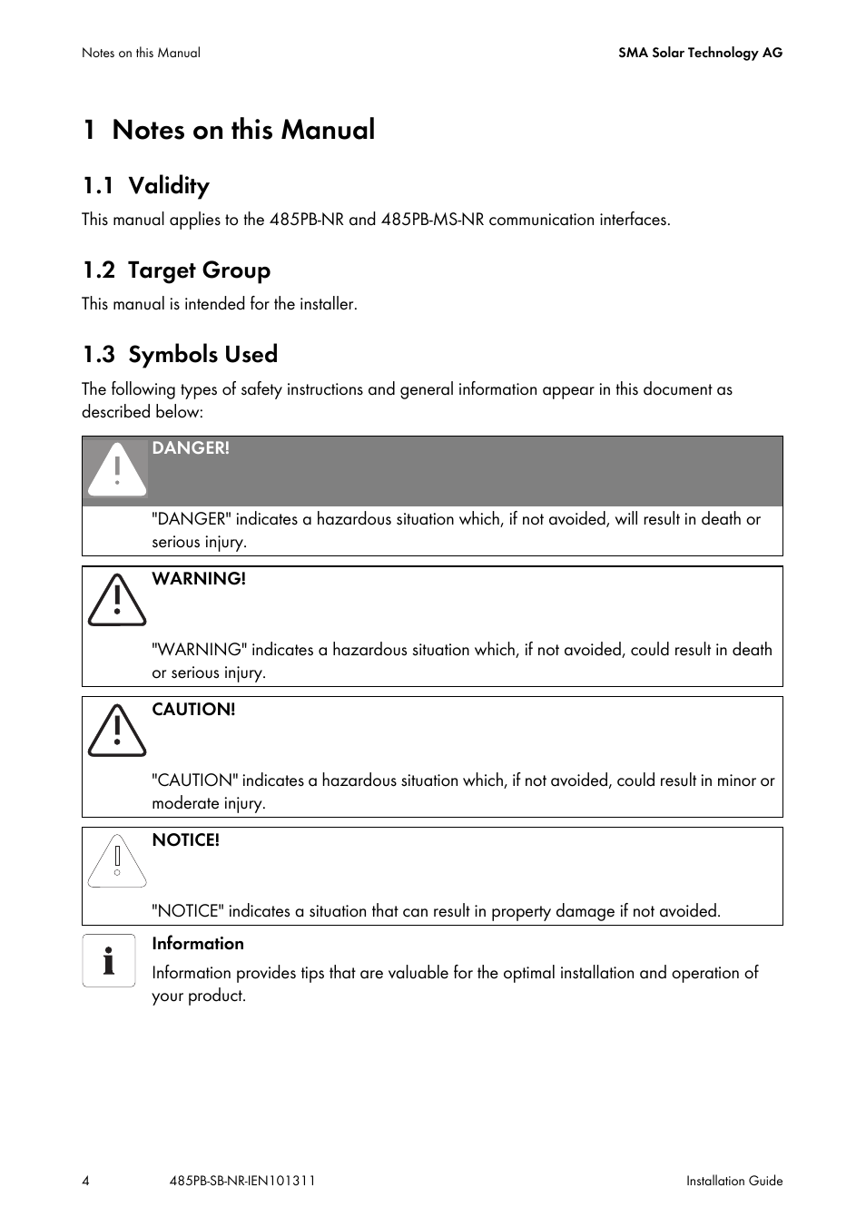 1 notes on this manual, 1 validity, 2 target group | 3 symbols used, Notes on this manual, Validity, Target group, Symbols used | SMA 485PB-NR User Manual | Page 4 / 20