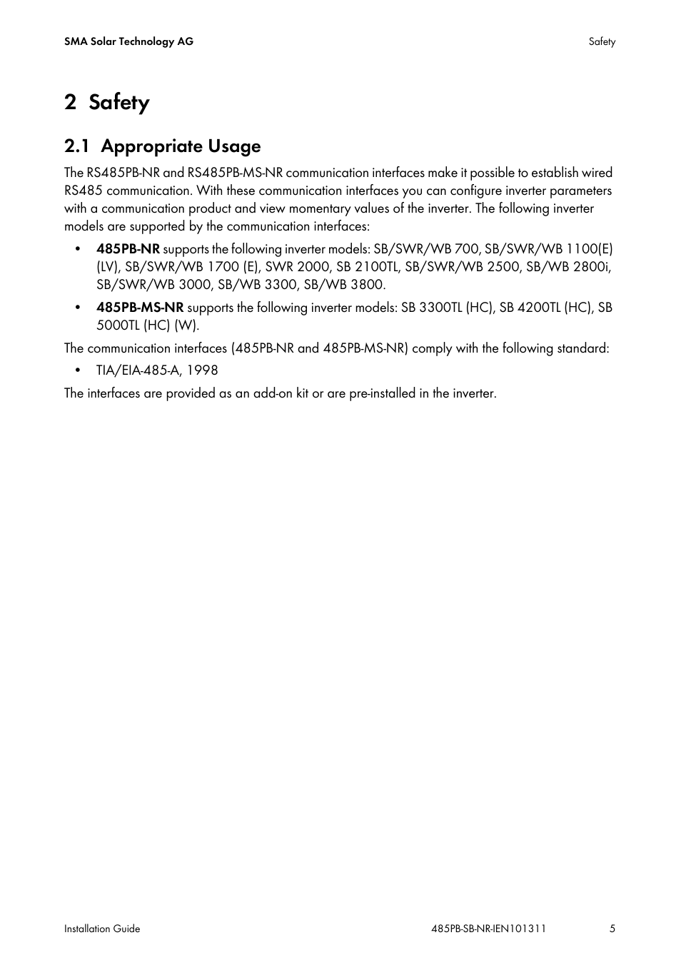 2 safety, 1 appropriate usage, Safety | Appropriate usage | SMA 485PB-NR User Manual | Page 5 / 20