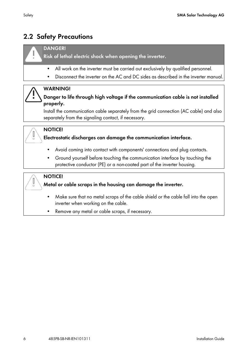 2 safety precautions, Safety precautions | SMA 485PB-NR User Manual | Page 6 / 20