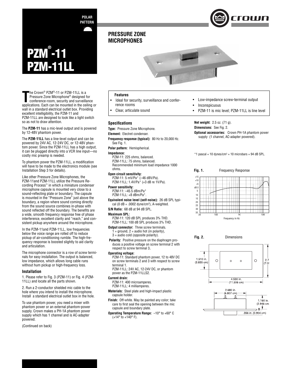 Crown Audio PZM-11LL User Manual | 2 pages