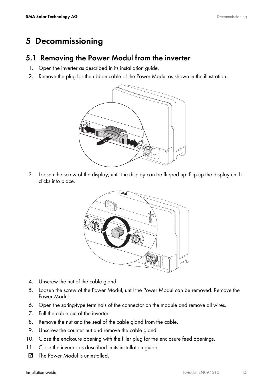 5 decommissioning, 1 removing the power modul from the inverter, Decommissioning | Removing the power modul from the inverter | SMA POWER MODUL User Manual | Page 15 / 20