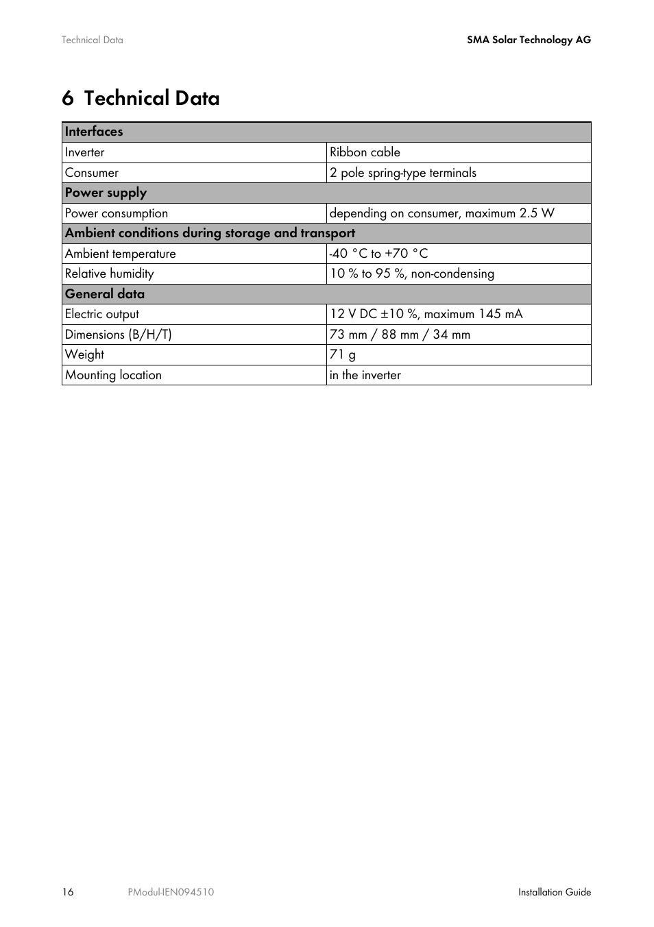 6 technical data, Technical data | SMA POWER MODUL User Manual | Page 16 / 20