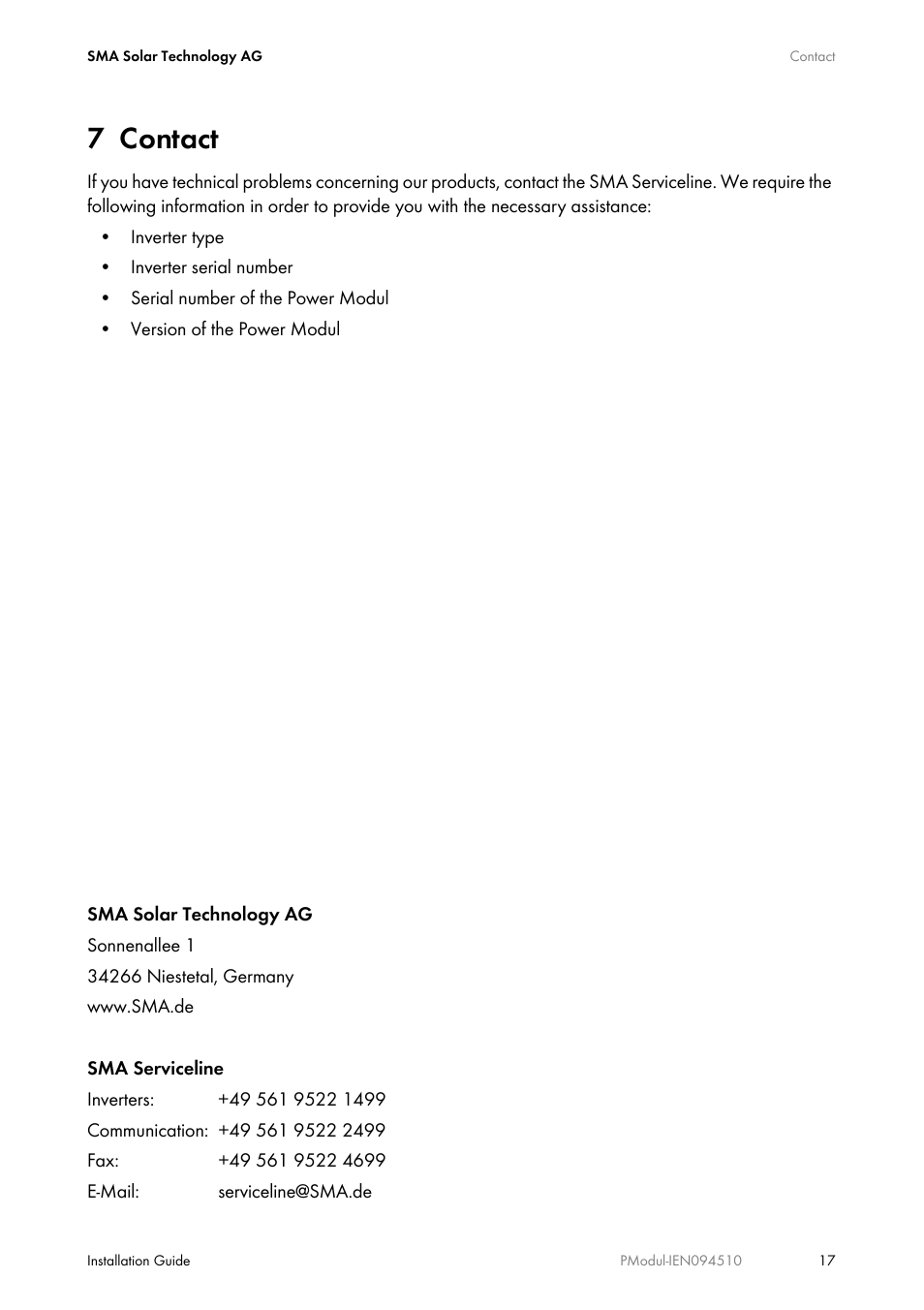 7 contact, Contact | SMA POWER MODUL User Manual | Page 17 / 20