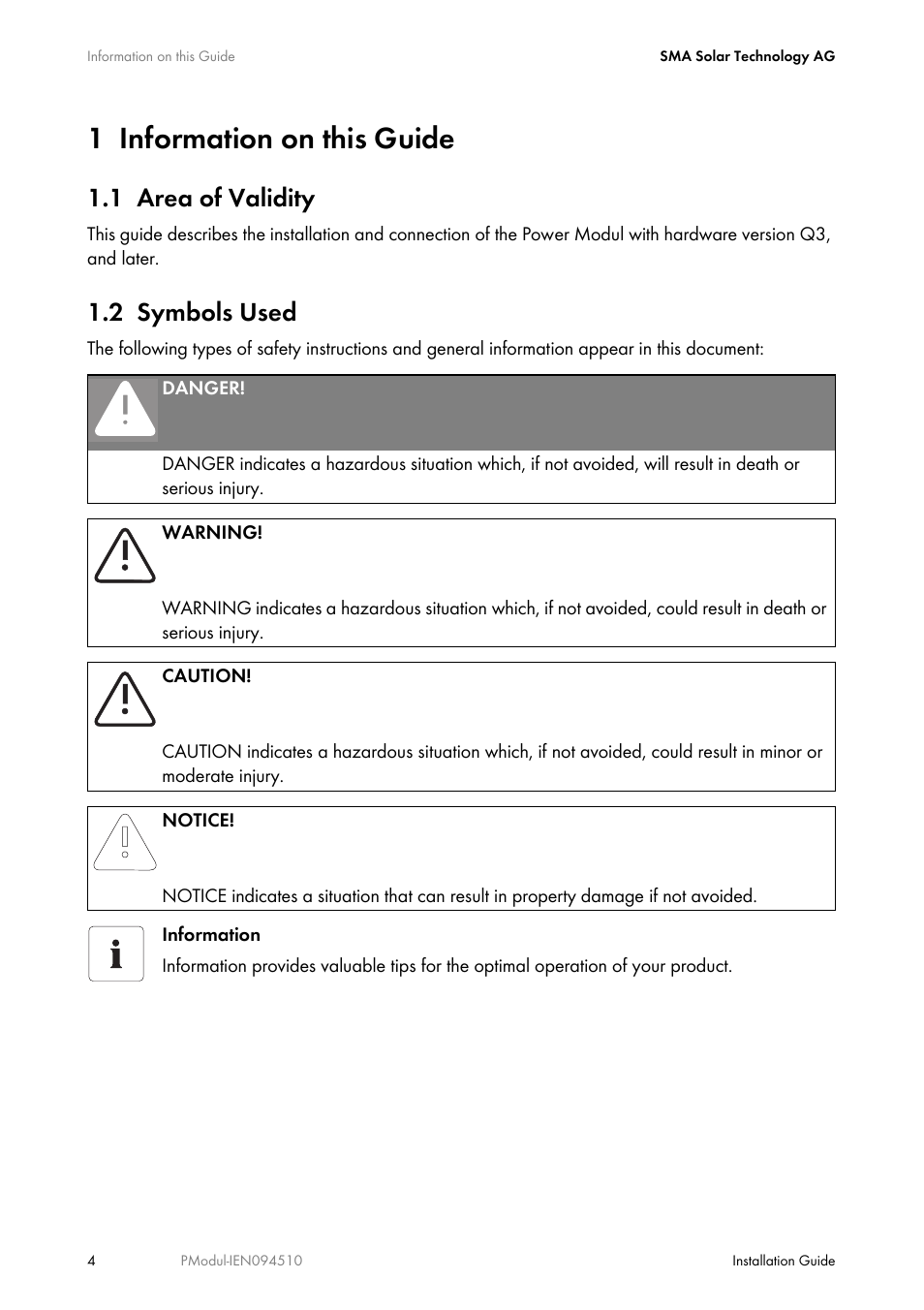1 information on this guide, 1 area of validity, 2 symbols used | Information on this guide, Area of validity, Symbols used | SMA POWER MODUL User Manual | Page 4 / 20