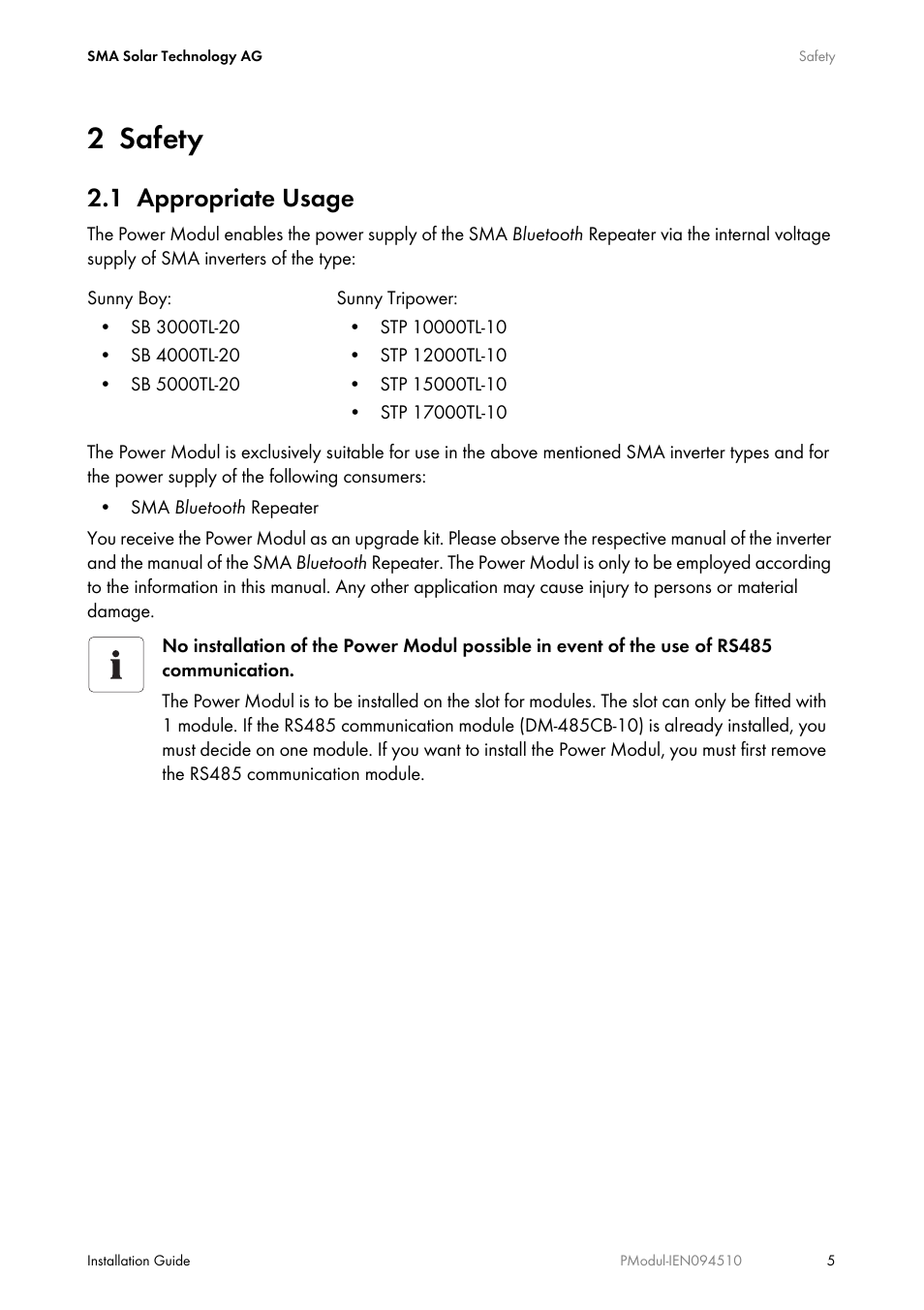 2 safety, 1 appropriate usage, Safety | Appropriate usage | SMA POWER MODUL User Manual | Page 5 / 20