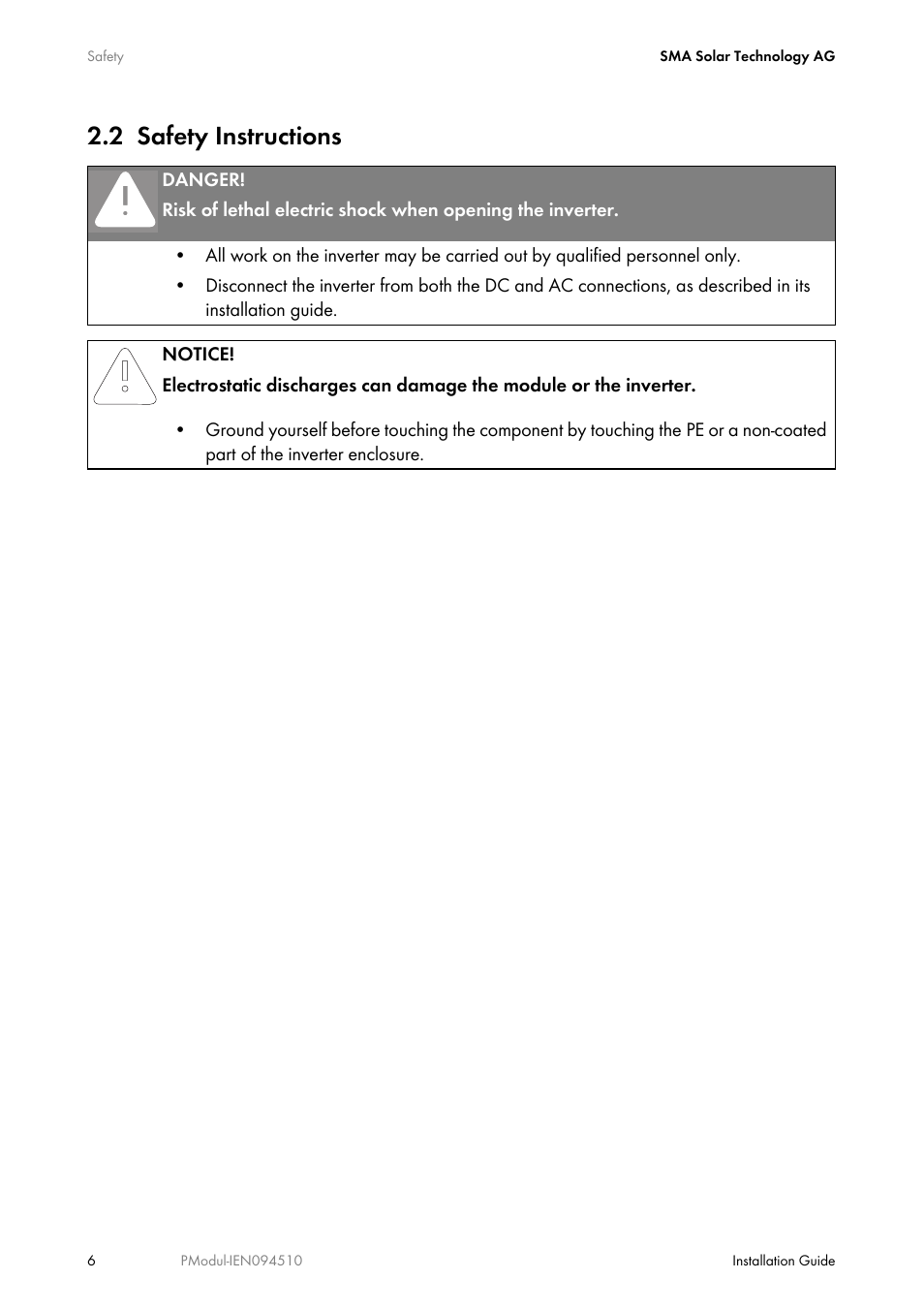 2 safety instructions, Safety instructions | SMA POWER MODUL User Manual | Page 6 / 20