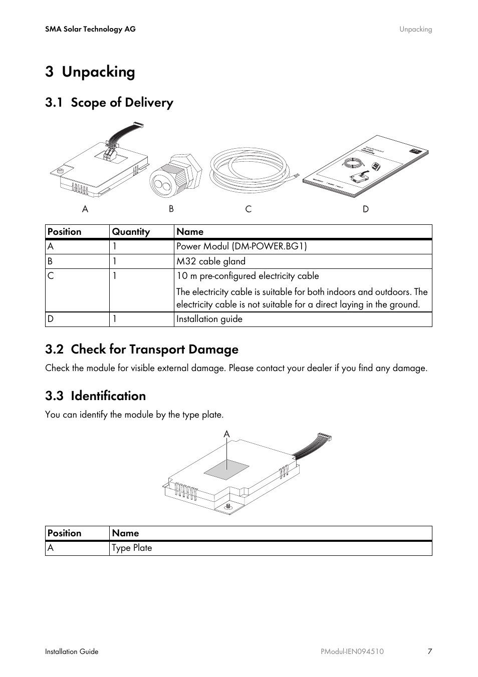 3 unpacking, 1 scope of delivery, 2 check for transport damage | 3 identification, Unpacking, Scope of delivery, Check for transport damage, Identification, 1 scope of delivery 3.2 check for transport damage | SMA POWER MODUL User Manual | Page 7 / 20