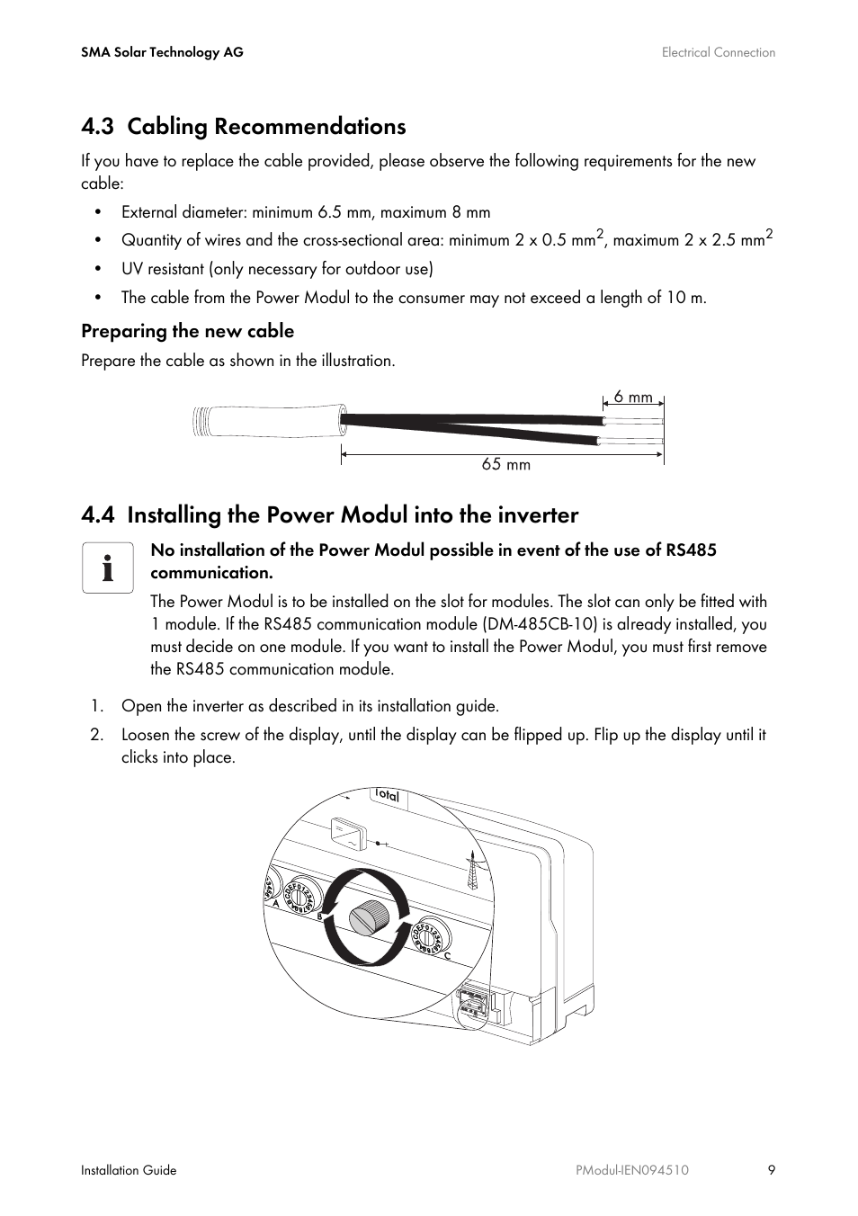 3 cabling recommendations, 4 installing the power modul into the inverter, Cabling recommendations | Installing the power modul into the inverter | SMA POWER MODUL User Manual | Page 9 / 20