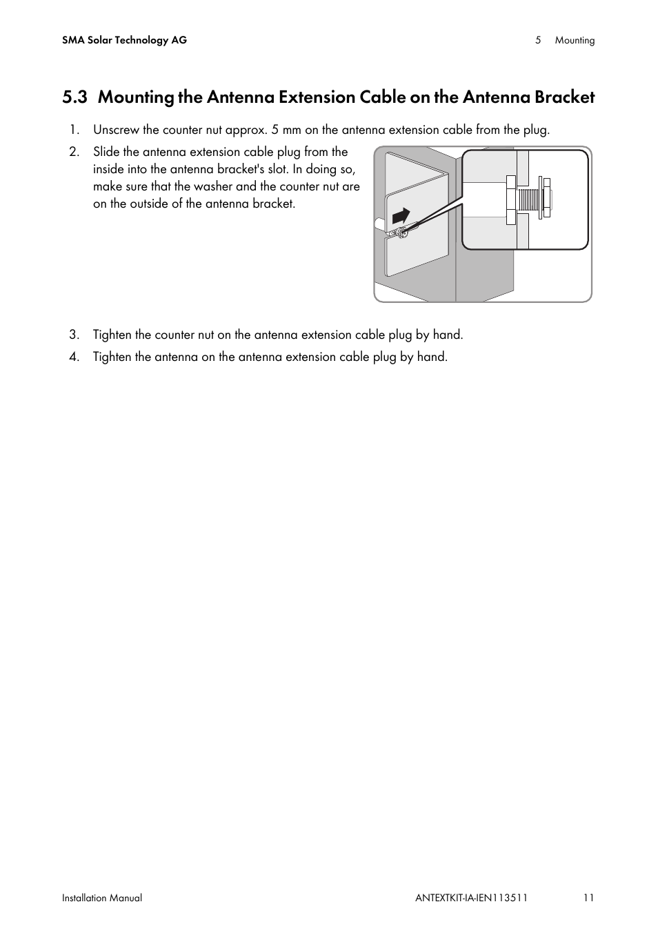 Mounting the antenna extension cable on the, Antenna bracket | SMA ANTEXTKIT25-10 User Manual | Page 11 / 16