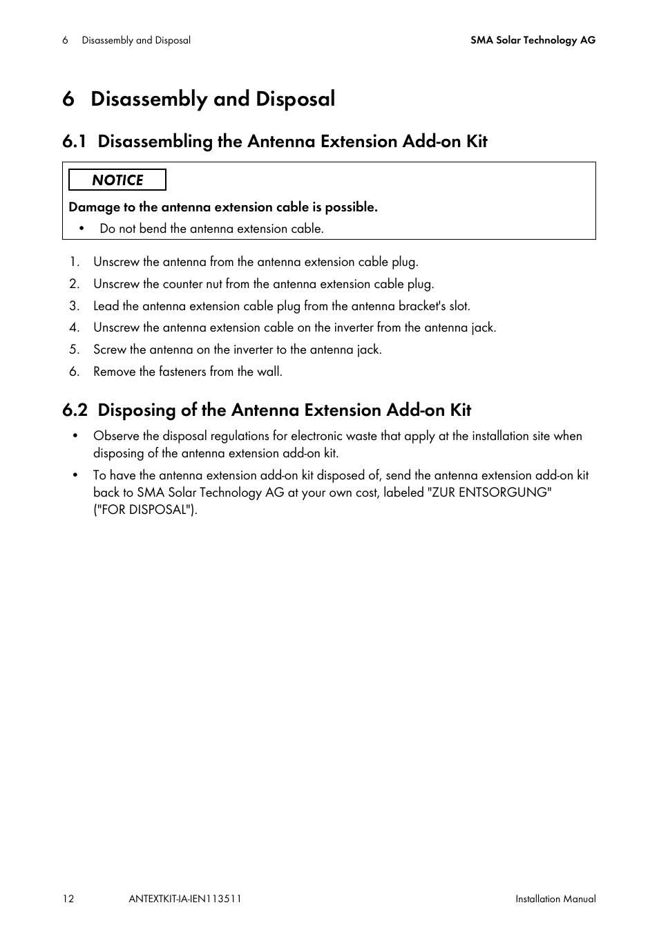 6 disassembly and disposal, 1 disassembling the antenna extension add-on kit, 2 disposing of the antenna extension add-on kit | Disassembly and disposal, Disassembling the antenna extension add-on kit, Disposing of the antenna extension add-on kit | SMA ANTEXTKIT25-10 User Manual | Page 12 / 16
