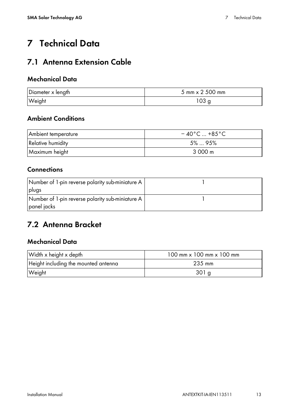 7 technical data, 1 antenna extension cable, 2 antenna bracket | Technical data, Antenna extension cable, Antenna bracket | SMA ANTEXTKIT25-10 User Manual | Page 13 / 16