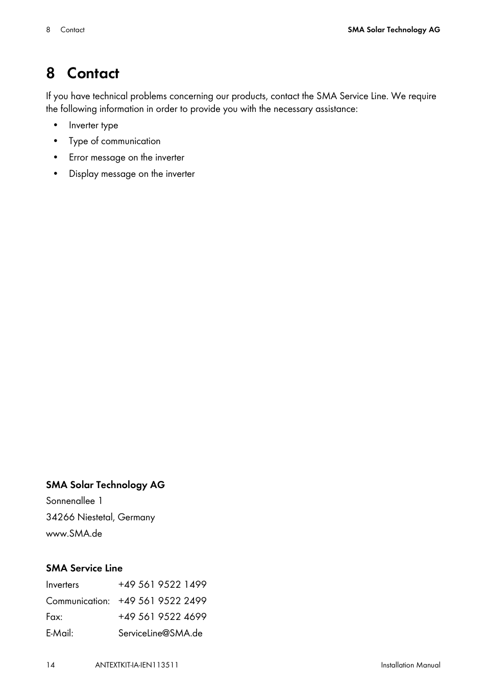 8 contact, Contact | SMA ANTEXTKIT25-10 User Manual | Page 14 / 16