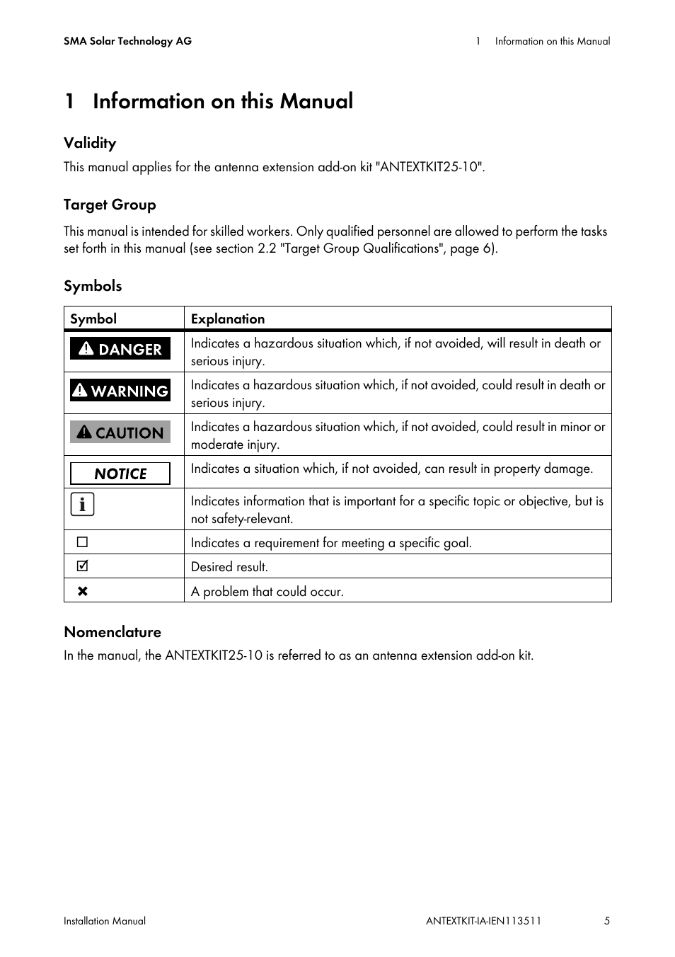 1 information on this manual, Information on this manual | SMA ANTEXTKIT25-10 User Manual | Page 5 / 16