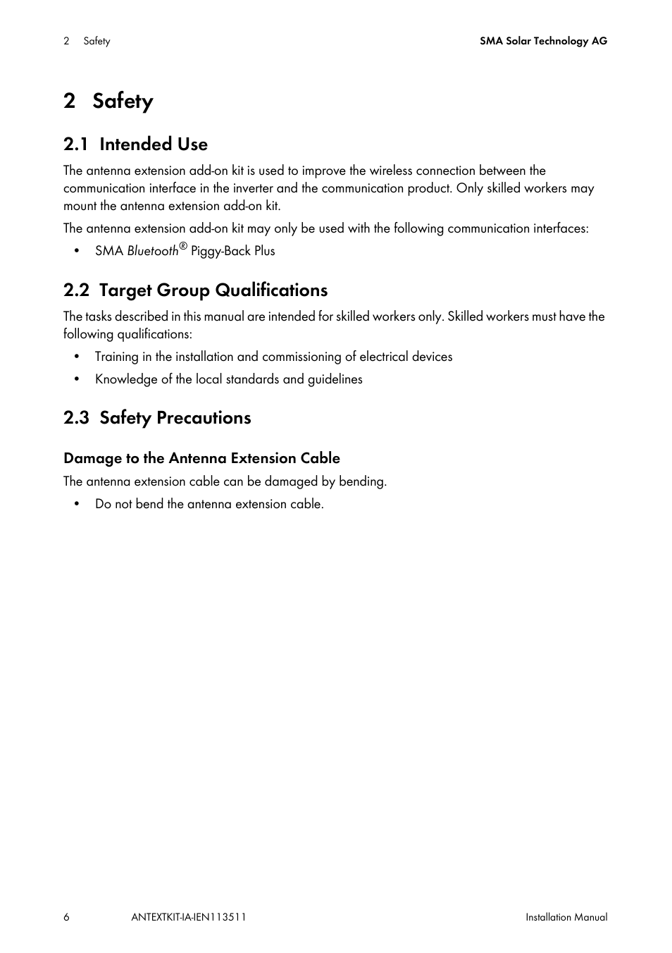 2 safety, 1 intended use, 2 target group qualifications | 3 safety precautions, Safety, Intended use, Target group qualifications, Safety precautions | SMA ANTEXTKIT25-10 User Manual | Page 6 / 16
