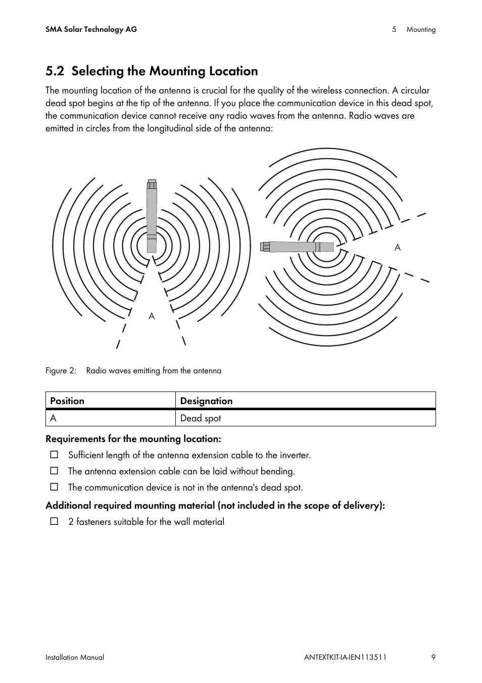 2 selecting the mounting location, Selecting the mounting location | SMA ANTEXTKIT25-10 User Manual | Page 9 / 16