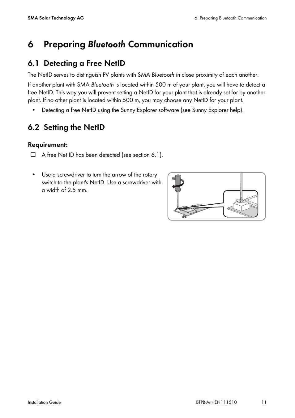 6 preparing bluetooth communication, 1 detecting a free netid, 2 setting the netid | Preparing, Detecting a free netid, Setting the netid | SMA BLUETOOTH PIGGY-BACK PLUS User Manual | Page 11 / 32