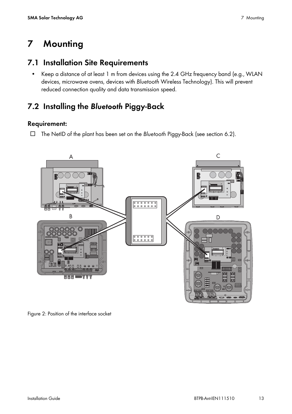 7 mounting, 1 installation site requirements, 2 installing the bluetooth piggy-back | Mounting, Installation site requirements, Installing the bluetooth | SMA BLUETOOTH PIGGY-BACK PLUS User Manual | Page 13 / 32