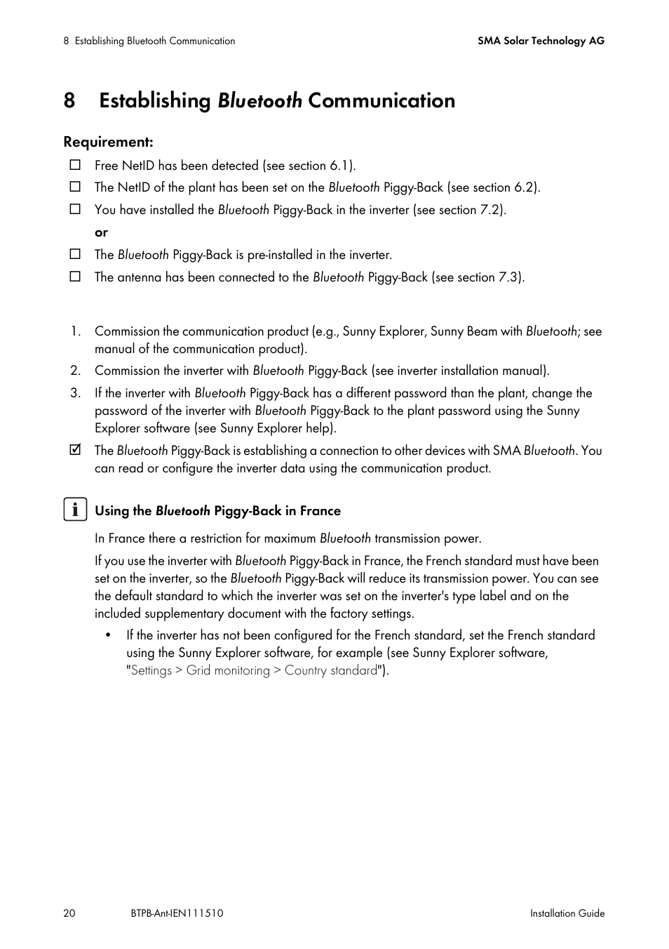 8 establishing bluetooth communication, Establishing | SMA BLUETOOTH PIGGY-BACK PLUS User Manual | Page 20 / 32