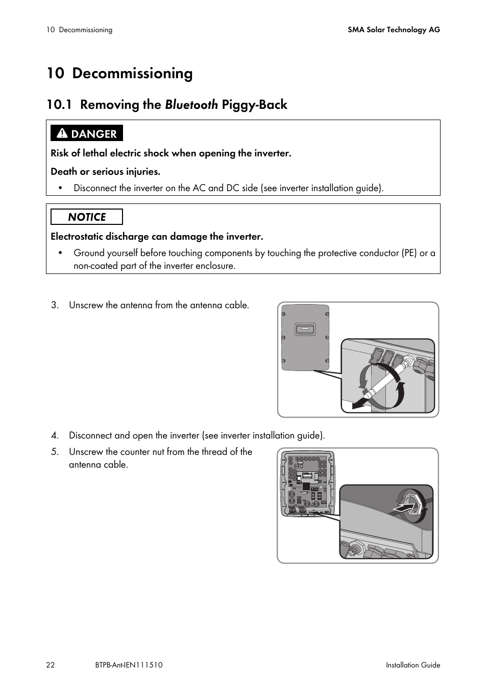 10 decommissioning, 1 removing the bluetooth piggy-back, Decommissioning | Removing the bl | SMA BLUETOOTH PIGGY-BACK PLUS User Manual | Page 22 / 32