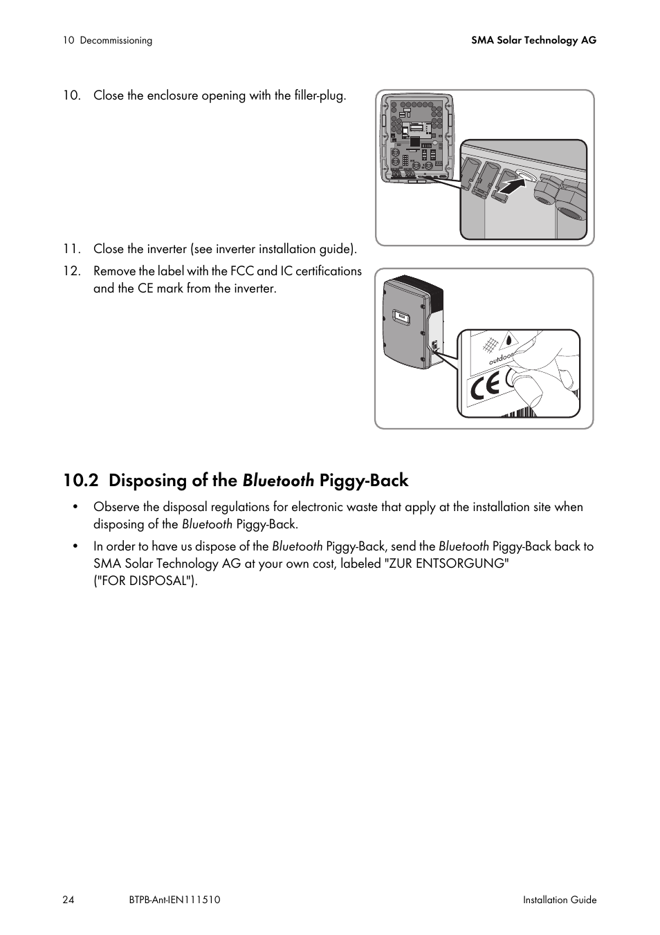 2 disposing of the bluetooth piggy-back, Disposing of the bluetooth | SMA BLUETOOTH PIGGY-BACK PLUS User Manual | Page 24 / 32