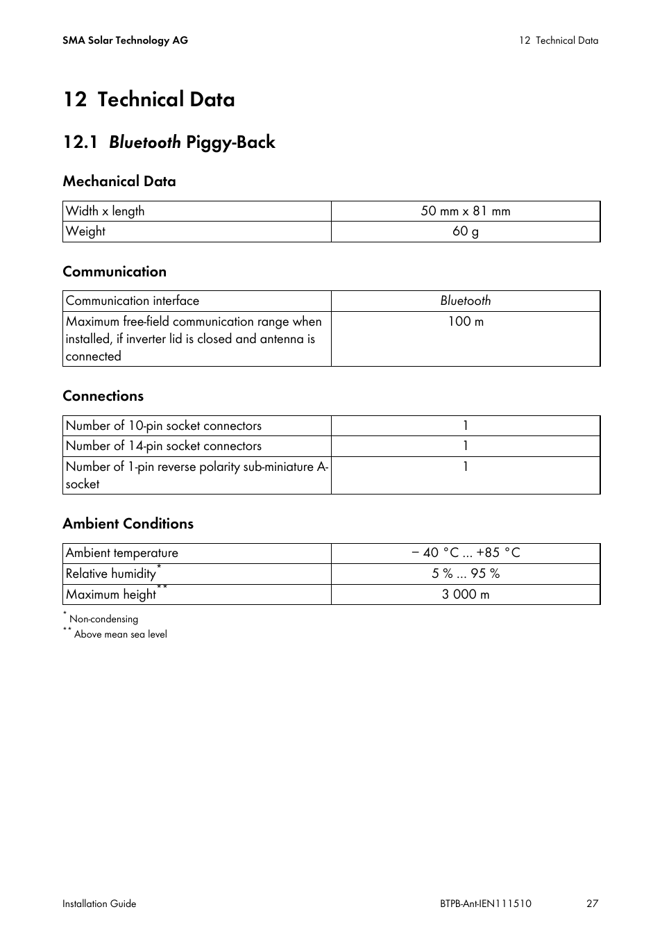 12 technical data, 1 bluetooth piggy-back, Technical data | Bluet | SMA BLUETOOTH PIGGY-BACK PLUS User Manual | Page 27 / 32