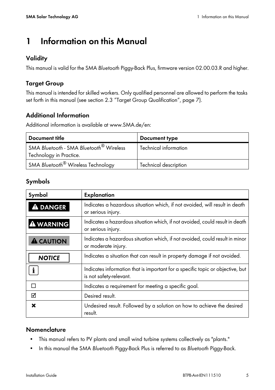 1 information on this manual, Information on this manual | SMA BLUETOOTH PIGGY-BACK PLUS User Manual | Page 5 / 32