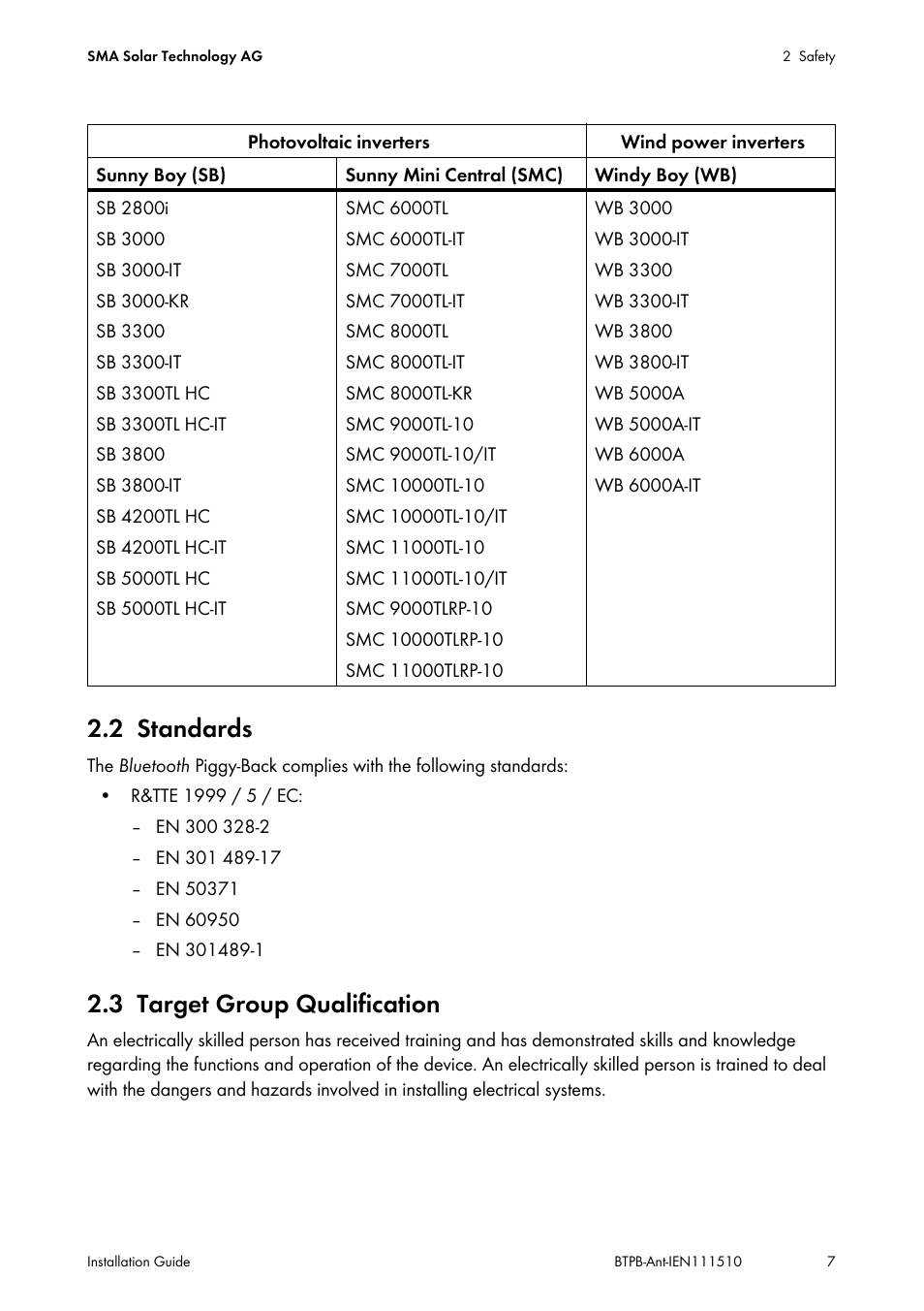 2 standards, 3 target group qualification, Standards | Target group qualification | SMA BLUETOOTH PIGGY-BACK PLUS User Manual | Page 7 / 32