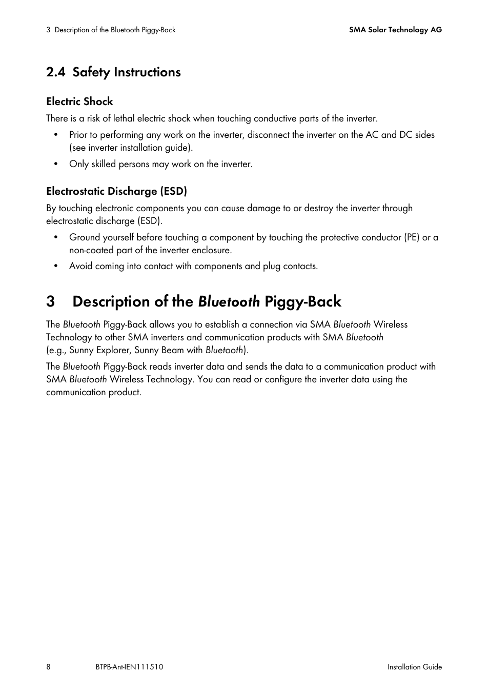 4 safety instructions, 3 description of the bluetooth piggy-back, Safety instructions | Description of the | SMA BLUETOOTH PIGGY-BACK PLUS User Manual | Page 8 / 32