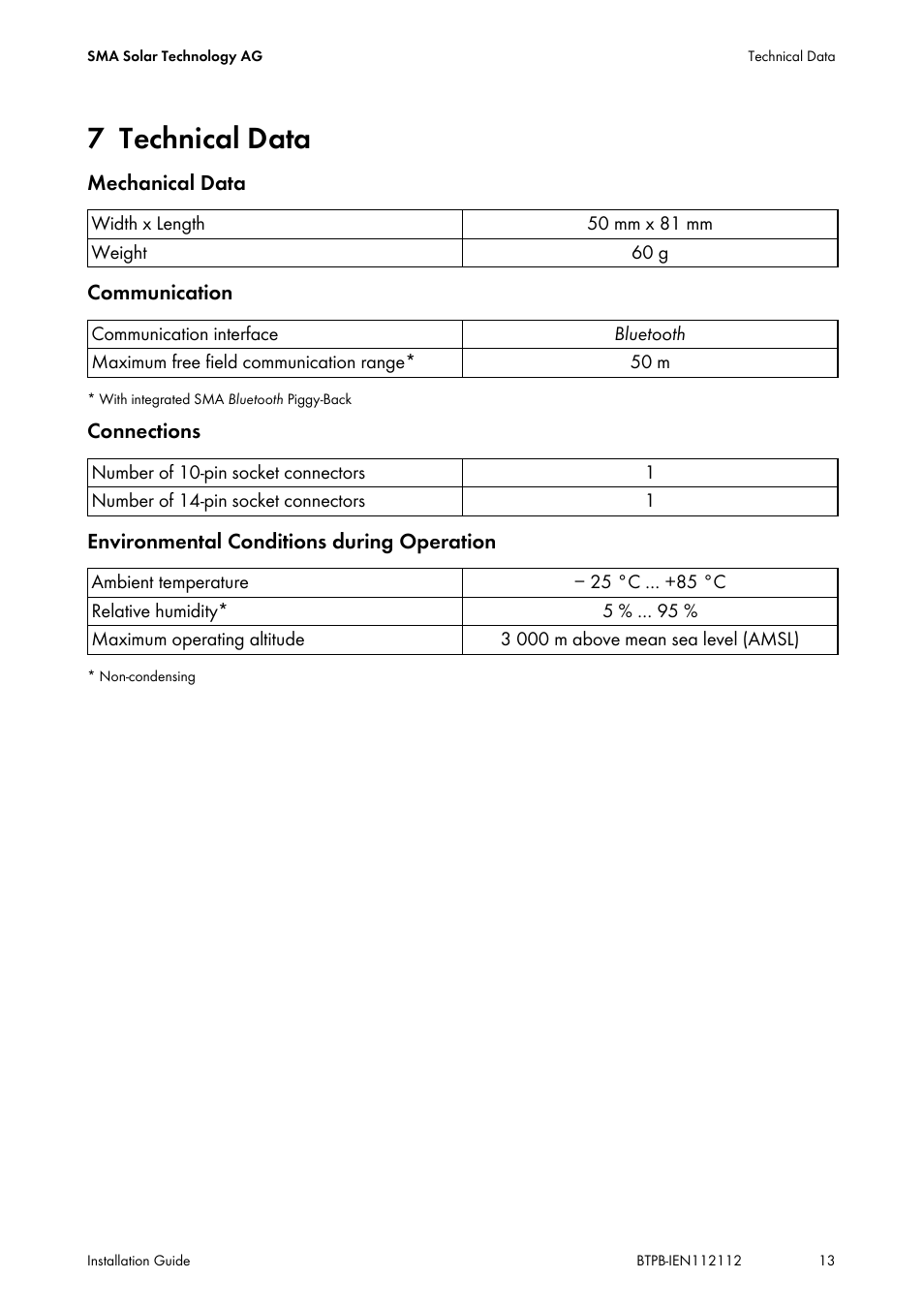 7 technical data, Technical data | SMA BLUETOOTH PIGGY-BACK User Manual | Page 13 / 16