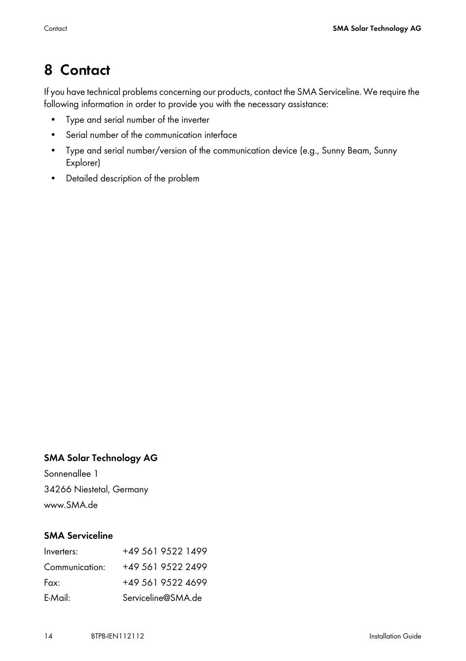 8 contact, Contact | SMA BLUETOOTH PIGGY-BACK User Manual | Page 14 / 16